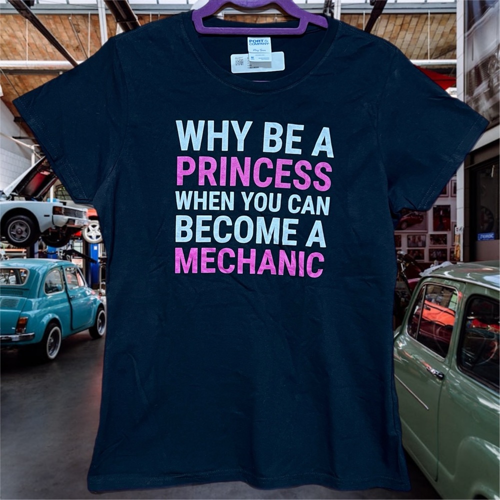 Ladie’s Mechanic Black Graphic  T-Shirt with Pink and White Text New With Tags
